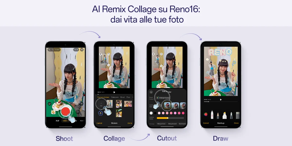 Funzione AI Remix Collage OPPO Reno16: shoot, collage, cutout e disegno