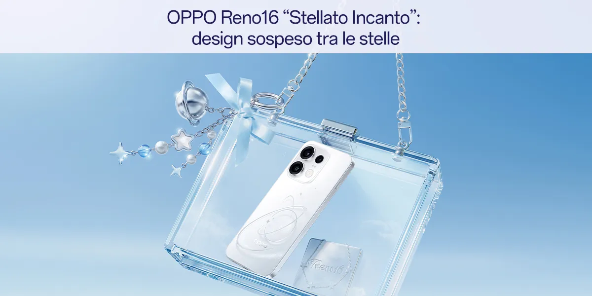 OPPO Reno16, versione bianca in borsa trasparente, design stellato incantato